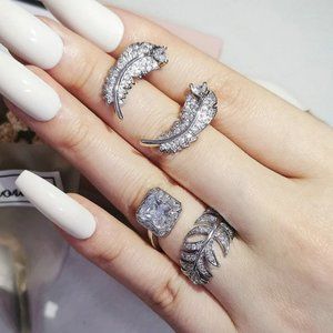 Sterling Silver (S925)  Feather Stud Earrings & Wrap Around Ring Set